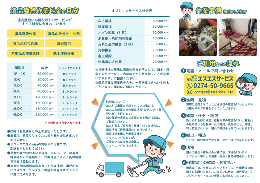 遺品整理・特殊清掃の「SSサービス」藤岡市を中心に群馬県全域・埼玉・栃木までお手伝いに参ります
